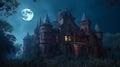 Dark scene with Gothic castle, gloomy palace in full moon. Generative AI Royalty Free Stock Photo