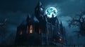 Dark scene with Gothic castle, gloomy palace in full moon. Generative AI Royalty Free Stock Photo