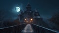 Dark scene with Gothic castle, gloomy palace in full moon. Generative AI