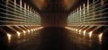 Dark Sci-Fi Empty Modern Futuristic Space Ship Tunnel Corridor With Grunge Reflective Concrete Texture And Orange Yellow Neon Royalty Free Stock Photo