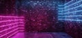 Dark Sci Fi Modern Futuristic Empty Grunge Brick Wall Room Purple Blue Pink glowing Lights Concrete Floor Neon Horizontal Line Royalty Free Stock Photo