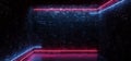 Dark Sci Fi Modern Futuristic Empty Grunge Brick Wall Room Purple Blue Pink glowing Lights Concrete Floor Neon Horizontal Line Royalty Free Stock Photo