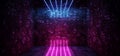 Dark Sci Fi Modern Futuristic Empty Grunge Brick Wall Room Purple Blue Pink glowing Lights Concrete Floor Neon Vertical Line Royalty Free Stock Photo