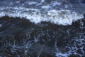 Dark sea water surface with white foam wave. White foam on blue water. Maritime transportation
