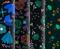 4 dark seamless background set. Trendy colorful scandinavian hand drawn pattern