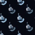 Dark seamless doodle pattern with decorative sailbot ship shapes. Black background. Ocean style Royalty Free Stock Photo