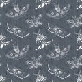 Dark seamless hand drawn pattern white ink moth Royalty Free Stock Photo