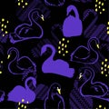 Dark Seamless pattern with blue swan princess. Creative hand dr Royalty Free Stock Photo
