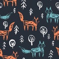 Dark childish pattern with orange foxes in forest