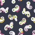 Dark seamless pattern with hand drawn chameleons. Perfect for T-shirt, fabric, textile and print. Doodle vector illustration