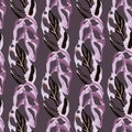 Dark seamless pattern with hand drawn monstera leaf silhouettes. Purple palette tropical ornament Royalty Free Stock Photo