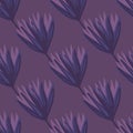 Dark seamless tulip bud pattern. Flower silhouettes and background in urple tones. Simple botanic backdrop