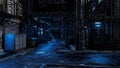 Dark seedy backstreet in a fantasy future cyberpunk city with moody blue tones. 3D illustration Royalty Free Stock Photo