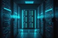 Dark server data center room with computers and storage systems in blue shades. AI Generative Royalty Free Stock Photo