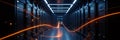 Server room with glowing orange light trails and digital data flow effect data center Royalty Free Stock Photo