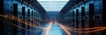 Server room with glowing orange light trails and digital data flow effect data center Royalty Free Stock Photo