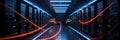 Server room with glowing orange light trails and digital data flow effect data center Royalty Free Stock Photo