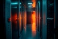 Dark Server Room Corridor. Technology Background With Neon Lights. Big Data, Cloud Computing Center. Royalty Free Stock Photo