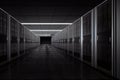 Dark server room data center storage interior Ai Generative rendering.