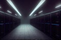Dark server room data center storage interior Ai Generative rendering.