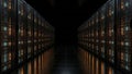 Dark Server Room with Glowing Lights and Reflections Royalty Free Stock Photo