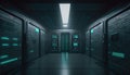 Dark server room interior with bright glowing lights. Generative AI Royalty Free Stock Photo