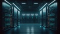 Dark server room interior with rows of server racks. Generative AI Royalty Free Stock Photo