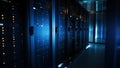 Dark server room with rows of glowing computer racks data center Royalty Free Stock Photo