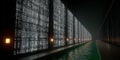 Dark server room showcasing encrypted communications with binary data scrolled on vertical screens under low ambient Royalty Free Stock Photo