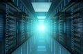 Dark servers data center room with bright halo light through the corridor 3D rendering Royalty Free Stock Photo