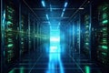 Dark servers data center room with storage systems and digital graphs and charts 3D rendering Generative AI Royalty Free Stock Photo