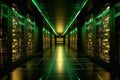 Dark servers data center room with storage systems and digital graphs and charts 3D rendering Generative AI Royalty Free Stock Photo