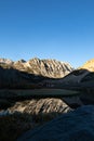 Dark shadowed lake along bright muntain peaks Royalty Free Stock Photo