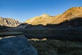 Dark shadowed lake along bright muntain peaks Royalty Free Stock Photo