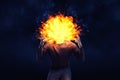 A dark shape of an angry man with an exploding head on a black background. Royalty Free Stock Photo