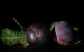 Dark shot of two red figs lying side by side on a table. A few fig leaves in the background. The room is dark