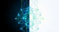 Abstract network of glowing blue and green nodes connected by lines splitting a dark and white background Royalty Free Stock Photo