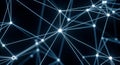 Abstract network of glowing white nodes and connecting lines on a dark blue background representing data connections Royalty Free Stock Photo