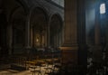 The dark and silent interior of an ancient church