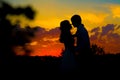 Dark silhouette of a couple in love after sunset on a background of incredibly beautiful sky and trees.