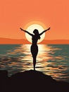 A dark silhouette of a dancing girl on the seashore against the sunset Royalty Free Stock Photo