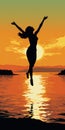 A dark silhouette of a dancing girl on the seashore against the sunset Royalty Free Stock Photo