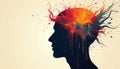 Dark silhouette of person head with abstract bright colors erupting from top. Exploding brain of vibrant paint splatters, drips, Royalty Free Stock Photo