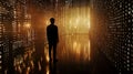Dark silhouette of person walking in digital tunnel made of glowing binary code data. Concept of artificial intelligence Royalty Free Stock Photo