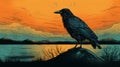 Hyper-detailed Crow Illustration: A Haunting Landscape With A Sunset