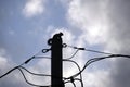 Dark silhouette of squirrel running high along electric or telephone cable on background of bright blue sky Royalty Free Stock Photo