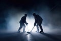 Dark Silhouette of Two Hockey Players Facing Off on the Ice Rink at the Stadium, Generative AI Royalty Free Stock Photo