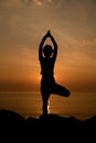 Dark silhouette of woman who practices yoga tree pose at sunset. Royalty Free Stock Photo