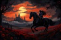 Dark sinister horseman with long hair running in a gloomy red field of flowers, in front of castle with dramatic clouds Royalty Free Stock Photo