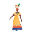 Dark skin Cuban woman dancing with bowl full of exotic fruits on head vector flat illustration. Female traditional Cuba